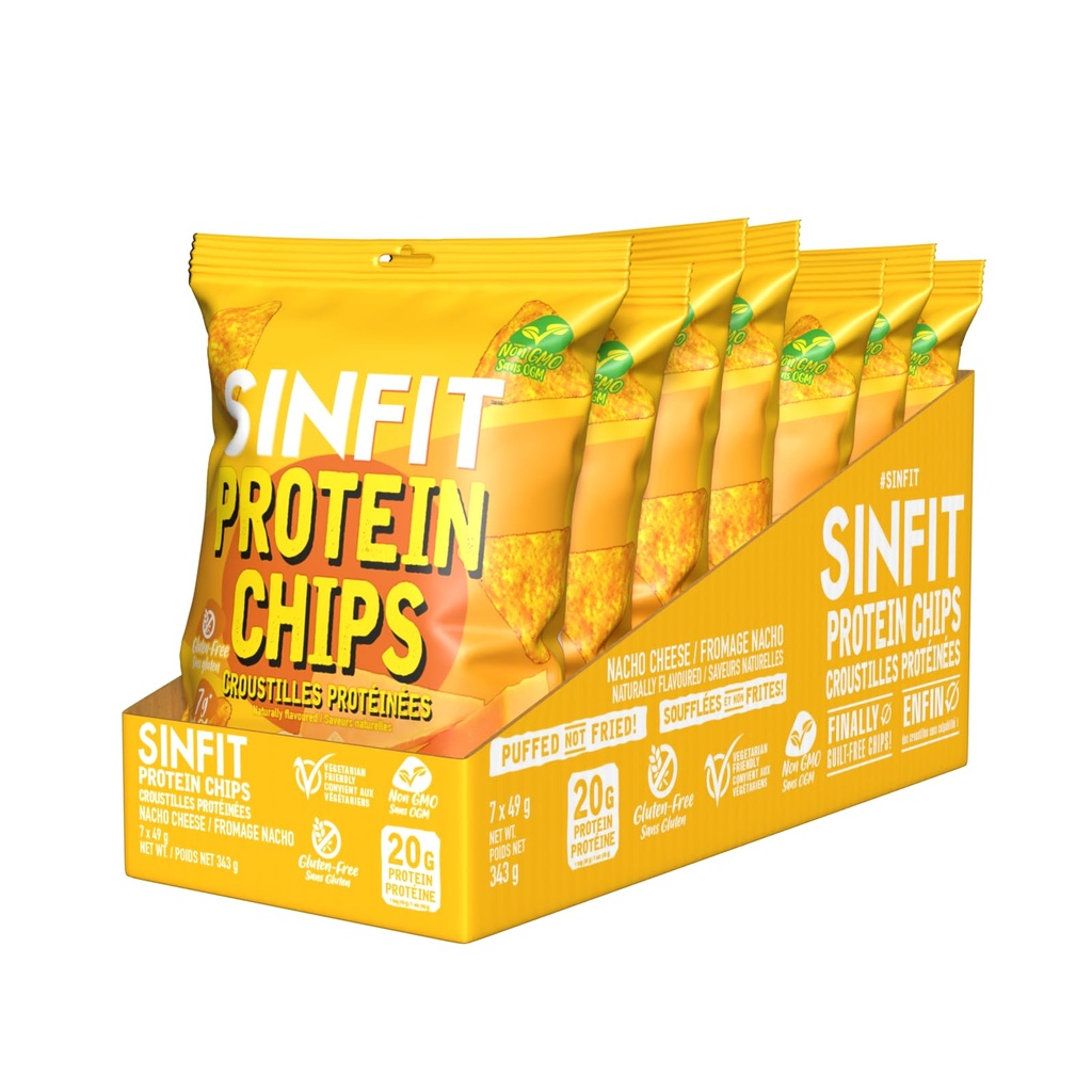 SinFit Protein Chips, 20g Protein/Bag, 50g-Bag, High Fiber, Low Carb, Gluten Free,7/box (7 Bags, Nacho Cheese)