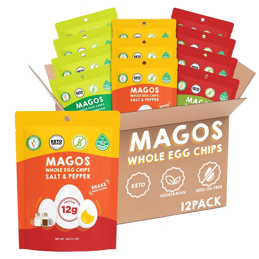 Magos Egg Chips Variety Pack – Healthy Snack, High Protein Low Carb, Light Cracker-Style Crunch, 1.1 oz Bags – Includes Garlic Parmesan, Salt & Pepper, Huevos Rancheros – Keto, Vegetarian & Carnivore Friendly, No Gluten Ingredients (12-Pack)