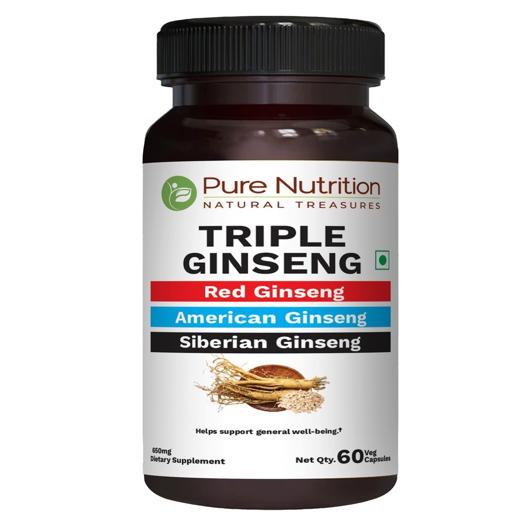 Pure Nutrition Triple Ginseng - an Unique and Effective Combination of Red Ginseng, American Ginseng and Siberian Ginseng. 790mg per Capsule | 60 Veg Caps Pack