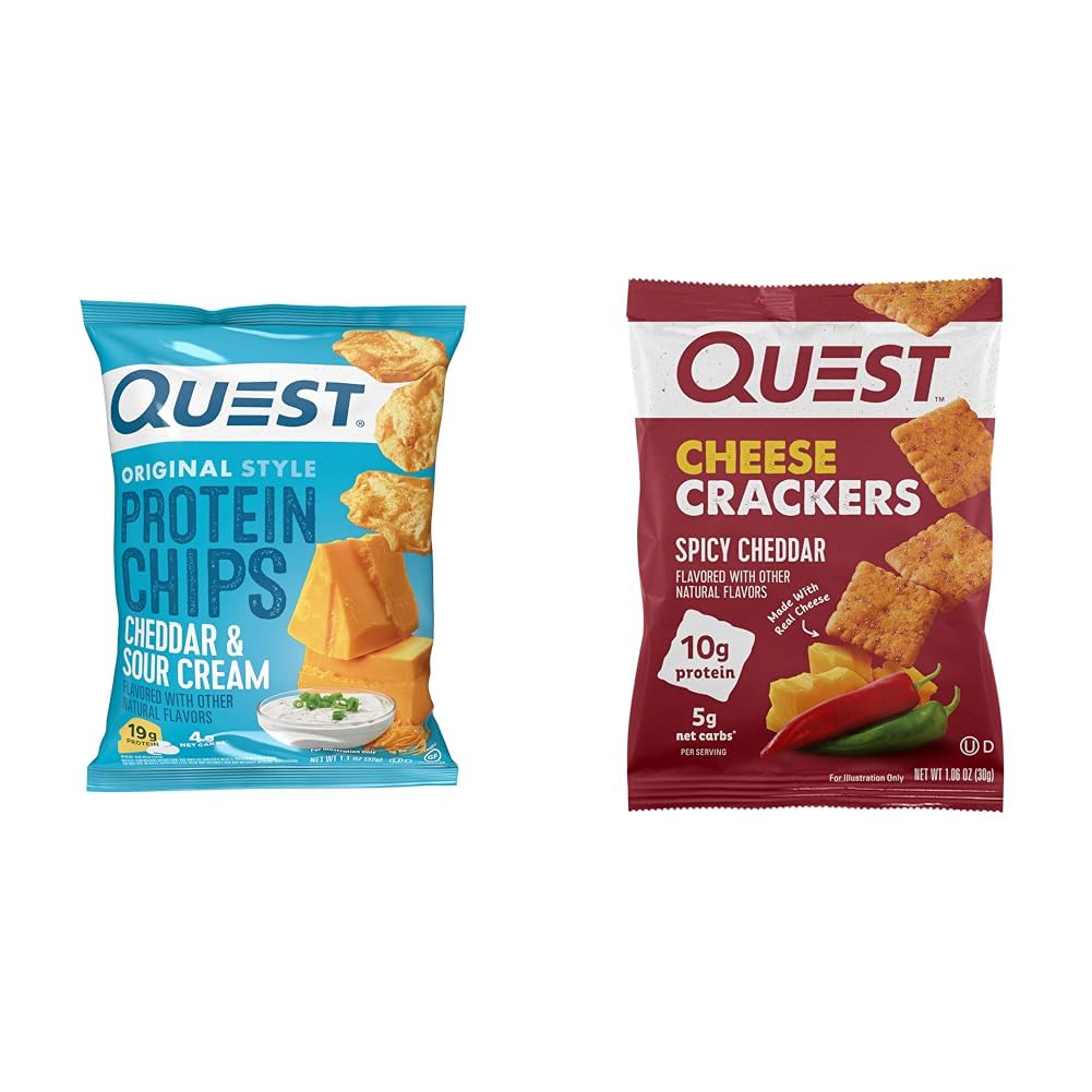 Quest Protein Chips, Cheddar & Sour Cream, 1.1 Oz (12 Count) & Cheese Crackers, Spicy Cheddar Blast, 1.06 Oz (12 Count)