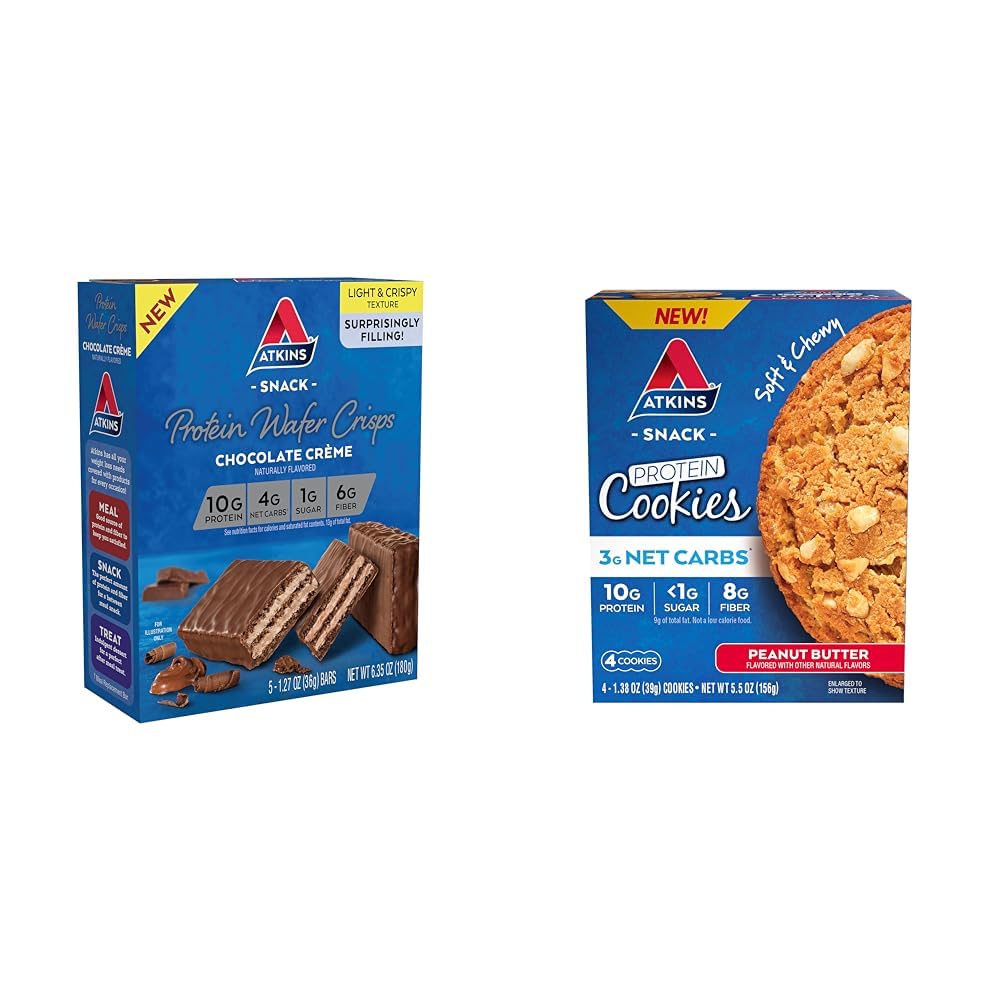 Atkins Chocolate Crème Protein Wafer Crisps 5 Count and Peanut Butter Protein Cookie 4 Count Bundle