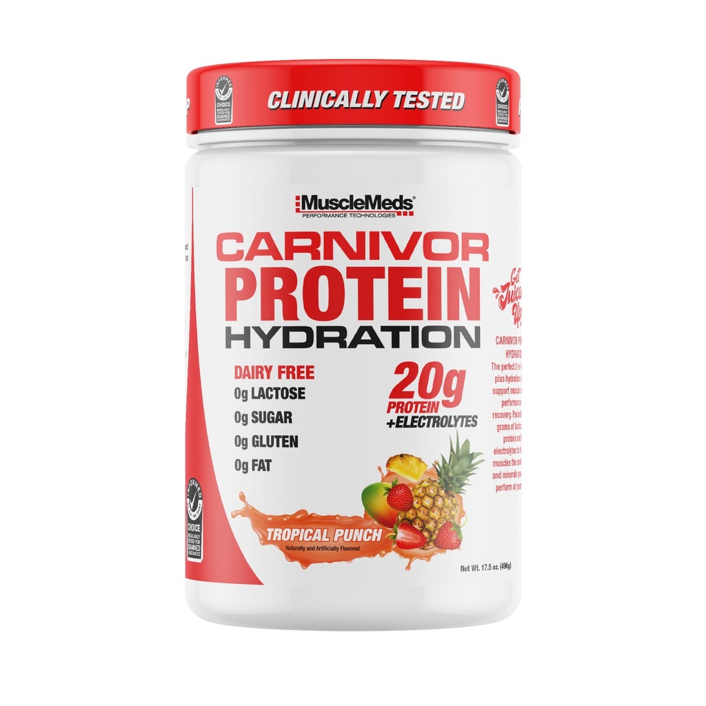 MuscleMeds Carnivor Protein Hydration Drink Powder, 20g Refreshing Protein Isolate, Lactose Free, Sugar Free, Electrolytes, Muscle Building, Recovery, Halal Certified, Tropical Punch, 20 Serve