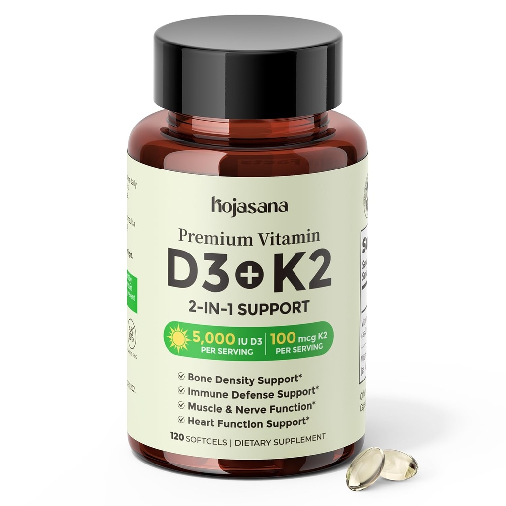 Vitamin D3 K2 MK-7 5000 IU & 100 mcg for Bone & Heart Support, 120 Day Supply, Softgels, Gluten Free Keto Supplement, Triple-Lab Verified No-Clump Formula