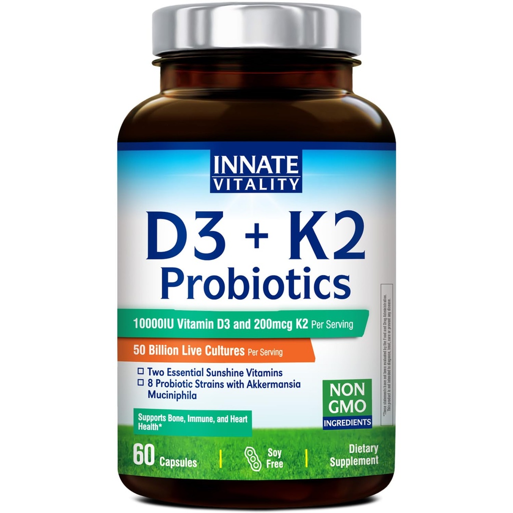 Innate Vitality Vitamin D3 10000 IU + K2 MK-7 200 mcg, with Probiotics, Akkermansia Muciniphila, Non-GMO, No Soy or Gluten, Bone, Immune, Digestive & Heart Support, 60 Capsules