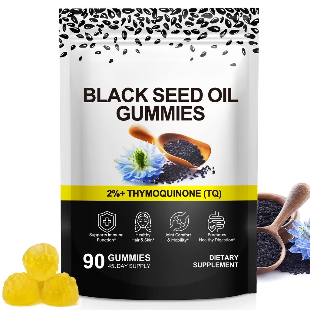 Black Seed Oil Gummies, Hair, Skin, & Heart Support, Pure Nigella Sativa Black Cumin Seed Oil Cold-Pressed- Thymoquinone-Rich, 500mg Serving, 45 Days Supply, Vegan & Non-GMO,