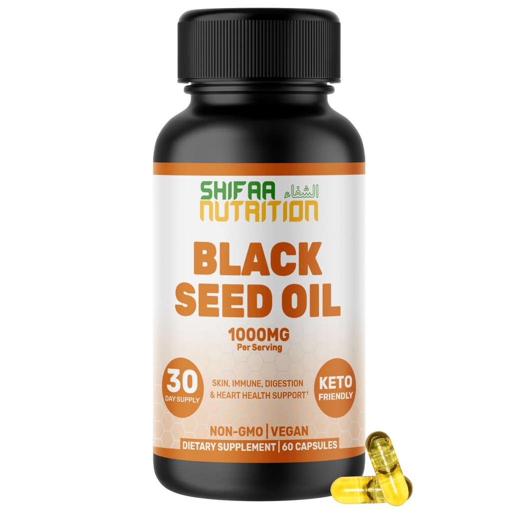 Vegan Halal Black Seed Oil 1000 mg Liquid Capsules, 30 Servings, 60 Ct. Keto-Friendly & Non-GMO. Tasteless Black Seed Oil Supplements for Women & Men. Supports Hair, Skin, Immune & Digestion