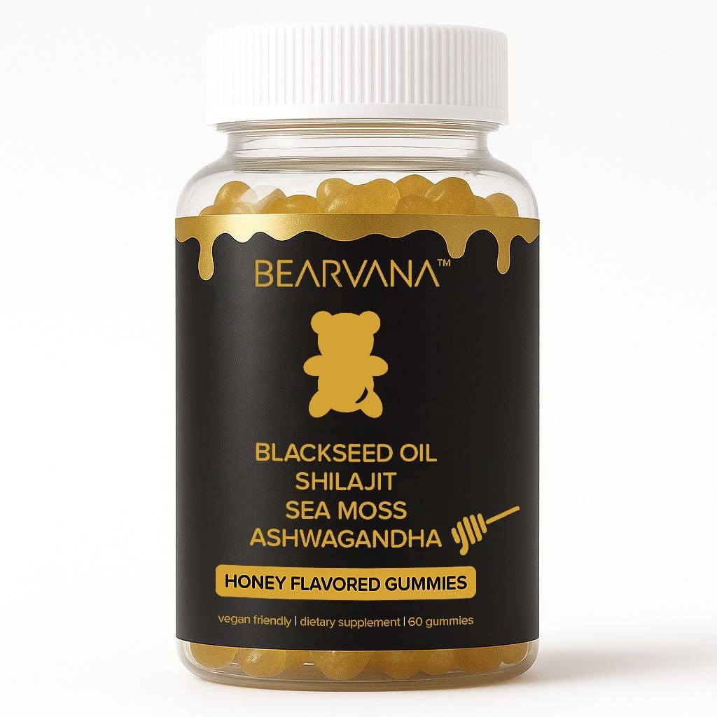 BEARVANA Black Seed Oil Gummies with Shilajit, Sea Moss & Ashwagandha | Honey Flavored Dietary Supplement | Vegan Friendly | 60 Gummies