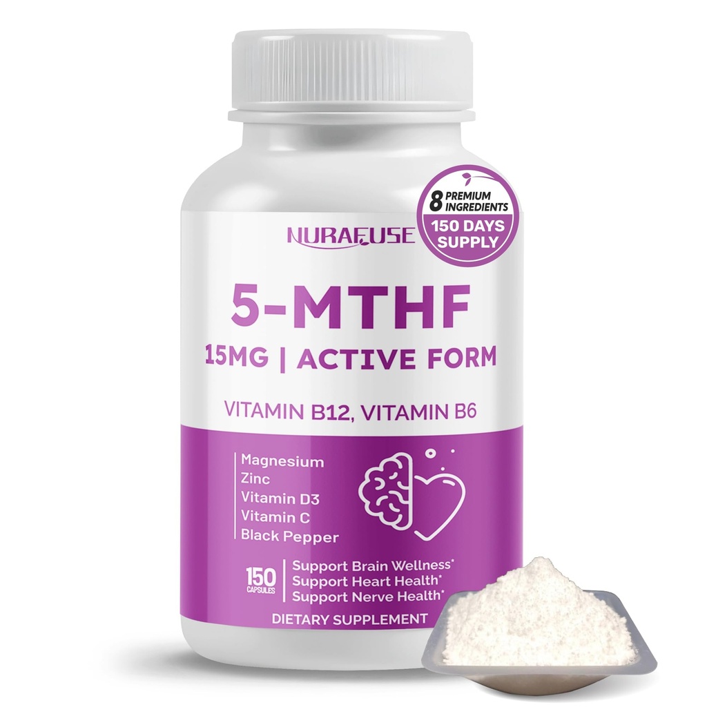 High Potency 5-MTHF (Active Form) with Vitamin B12, Vitamin B6, Magnesium & Black Pepper – Supports Brain Wellness, Heart Health & Nerve Health*