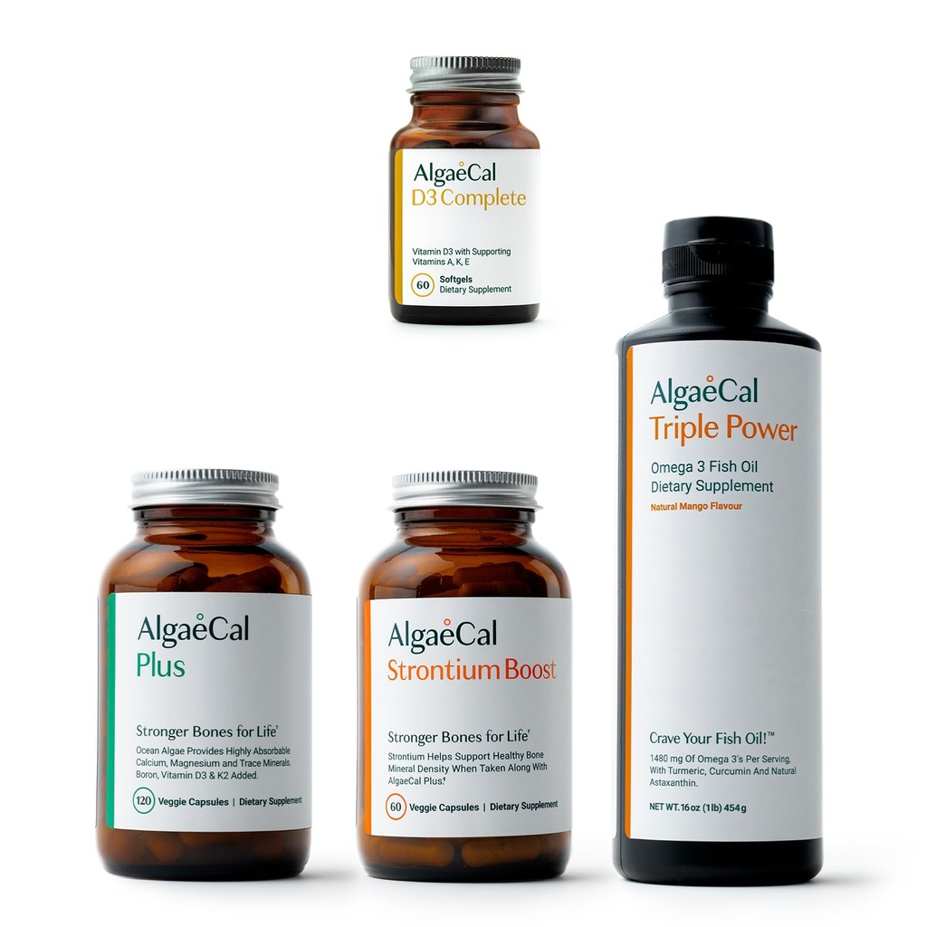 ALGAECAL Ultimate Bone Bundle - D3 Complete (1000 IU) + K2, Vitamin E, Vitamin A & Plant-Based Calcium for Increased Bone Density & Omega 3 Fish Oil with 1200mg EPA DHA