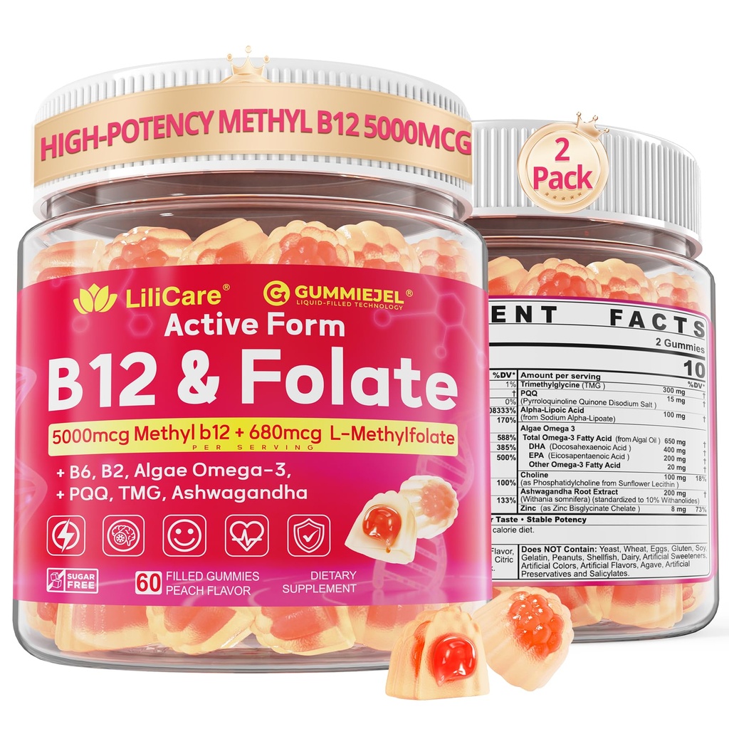 Methyl B12 5000mcg & L-Methylfolate Gummies + P5P for Women Men - Active 5-MTHF & Methylted B Complex Adult Supplement + B2 B6, Omega 3, Choline,TMG for Cellular Energy, Cognition, MTHFR Gene, 120Cts