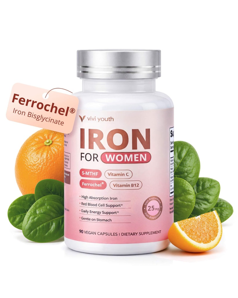 Iron Supplement for Women, Ferrochel® Iron Bisglycinate with Vitamin C, B12 & 5-MTHF Folate, Gentle on Stomach, Supports Ferritin & Energy Levels, Period Iron Support, 90 Vegan Capsules