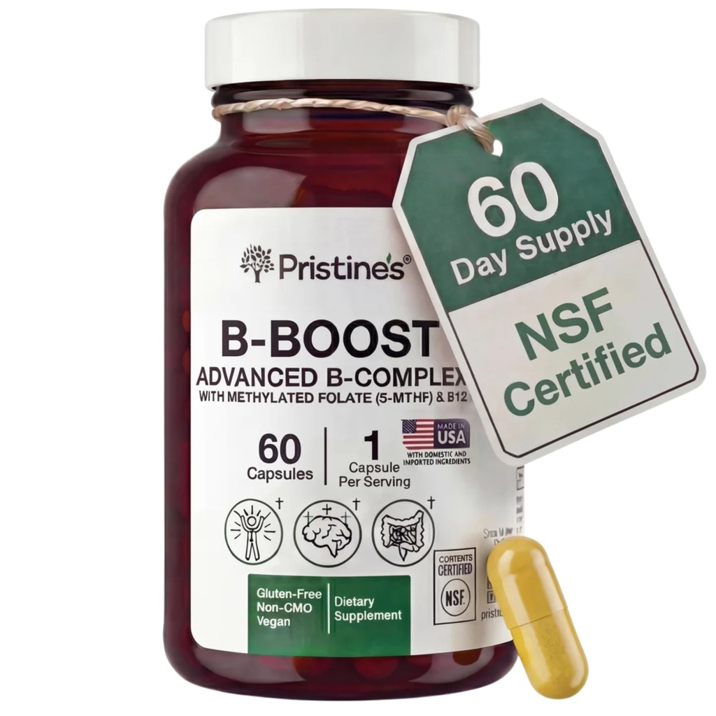 PRISTINE'S B-Boost Advanced Vitamin B Complex Capsules with Methylated Folate 5-MTHF, Methylcobalamin B12 & Choline, Supports Energy, Mental Clarity & Daily Wellness, 1 Capsule Daily, 60 Capsules