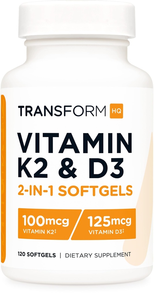 TransformHQ Vitamin K2 (MK7) (100mcg) + Vitamin D3 (5000 IU) 120 Softgels - Gluten Free and Non-GMO