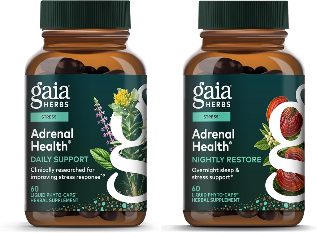 Gaia Herbs Adrenal Health Daily Support, Help Maintain Healthy Energy & Stress Levels*, 60 Vegan Liquid Phyto-Caps Adrenal Health Nightly Restore, 60 Vegan Liquid Phyto-Caps - Bundle
