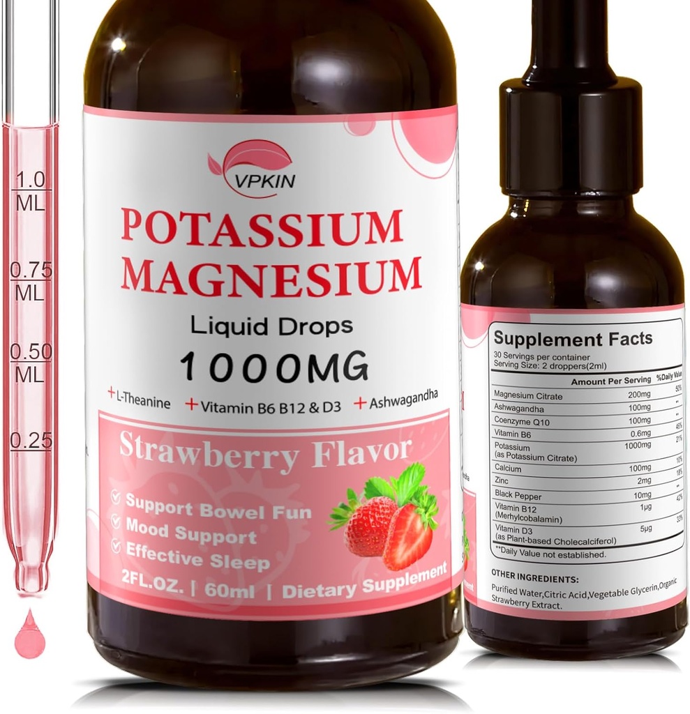 Potassium Magnesium Citrate supplement,Magnesium Liquid drops with Magnesium Glycinate 1000mg with Ashwagandha,Zinc,Support Clam ' Support Immune System(Strawberry,2 FL.OZ.)