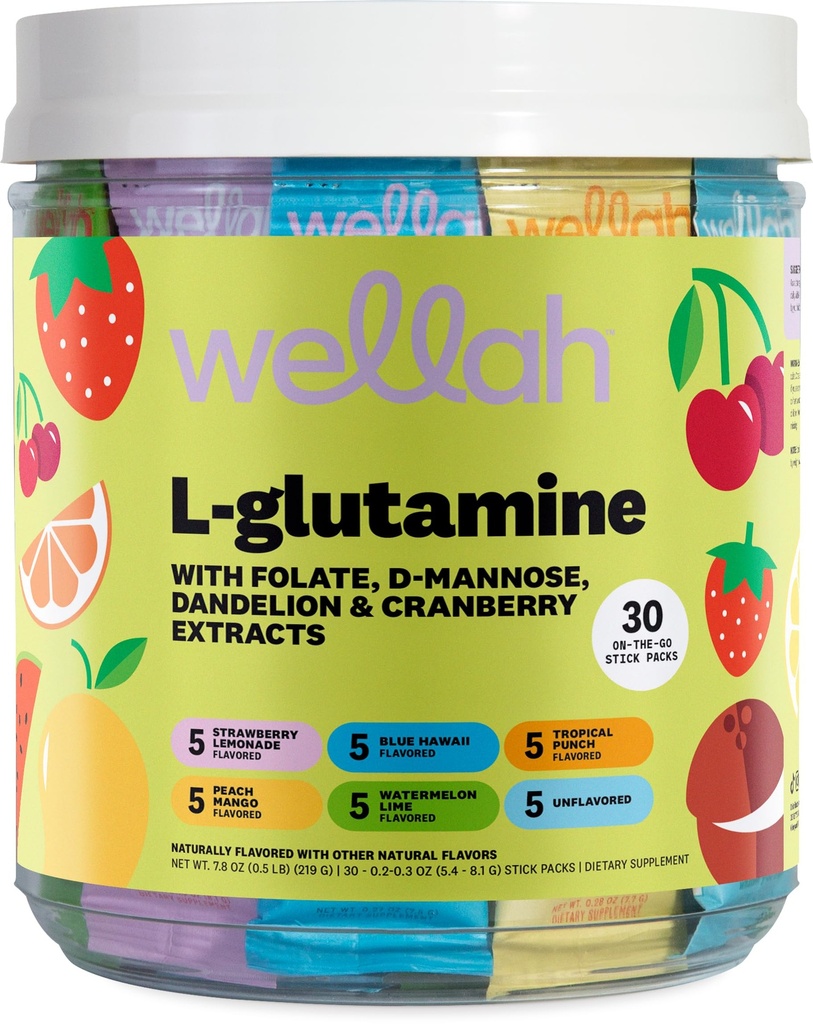 Wellah L-Glutamine for Women (Variety Pack) 30 Stick Packs - 5g L-Glutamine Per Serving, 6 Flavors, to-Go Packets