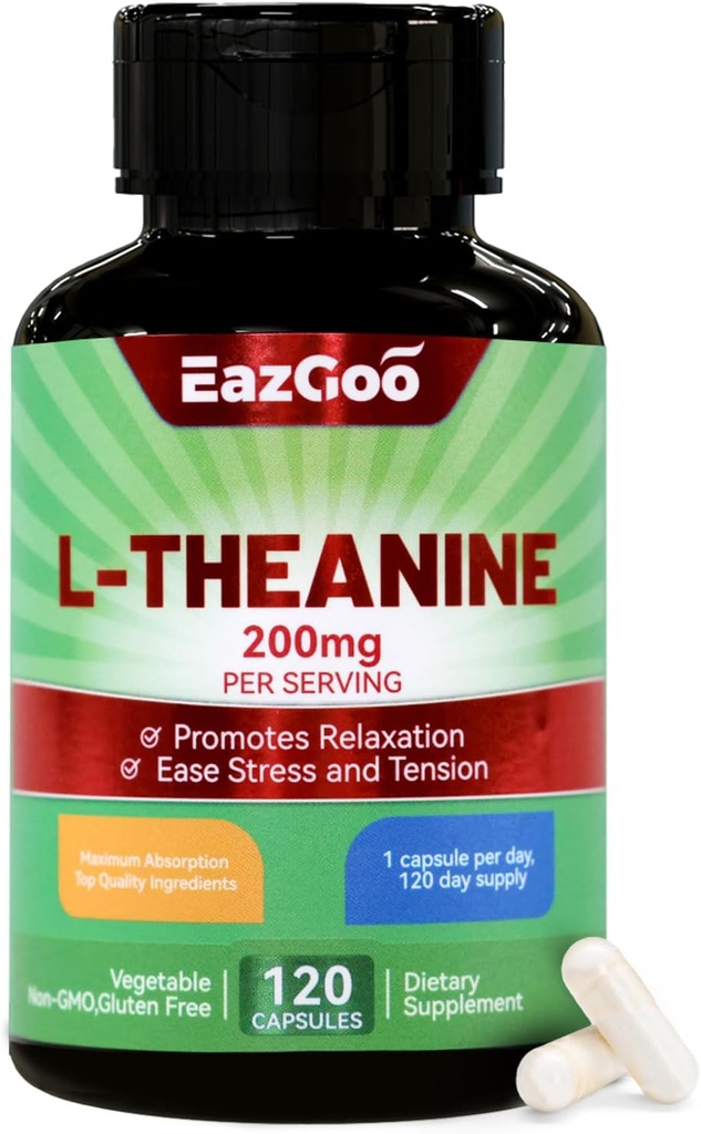 L-Theanine 200mg, Amino Acid Relaxation, Stress, L Theanine Capsules - Non-GMO, Gluten Pulsuz, 120 Veg Capsules