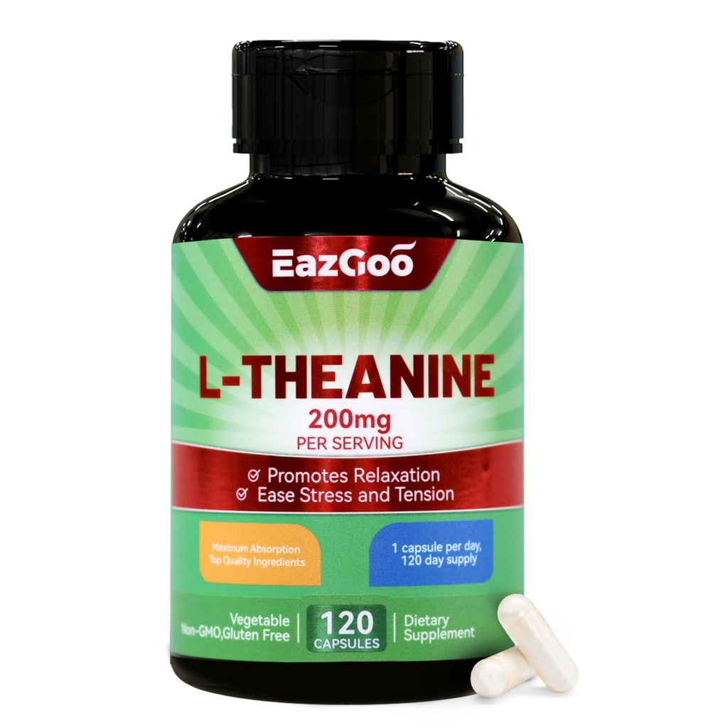 L-Theanine 200mg, Amino Acid Supplement to Support Relaxation, Stress, L Theanine Capsules - Non-GMO, Gluten Free, 120 Veg Capsules