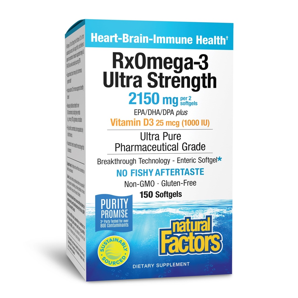 Natural Factors RxOmega-3 Ultra Strength - Brain & Heart Health Support - Eye Health Supplement with EPA & DHA - Supplement with Omega-3 Fatty Acids & Vitamin D3-150 Softgels (75 Servings)