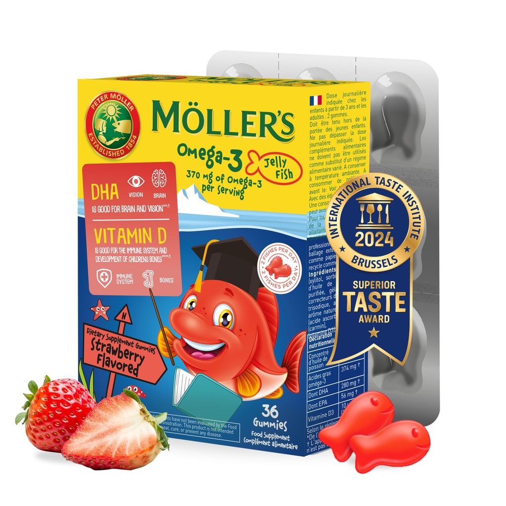 MÖLLER'S Omega 3 Capsules, Natural Fish Oil Omega3 for Kids with DHA and EPA, No Gluten, Lactose or Added Sugar & Easy to Chew, Strawberry Flavor, 36 Capsules