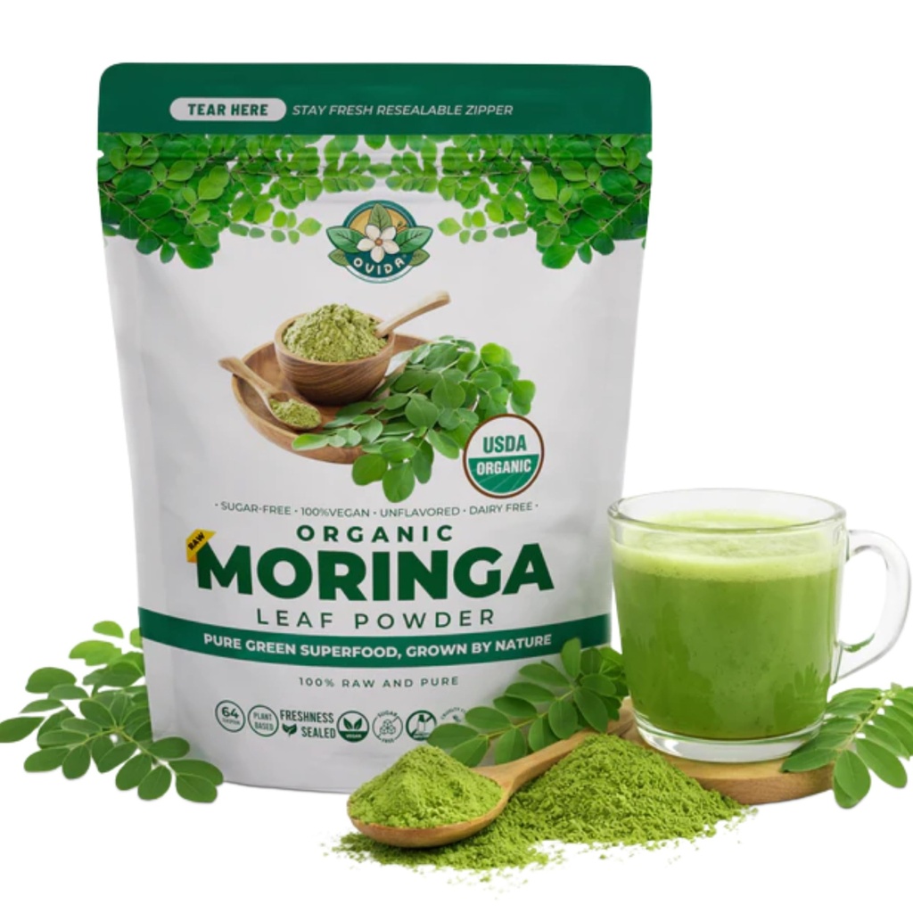OVIDA Organic Moringa Leaf Powder, Pure Moringa Powder, Caffeine Free Green Powder, Smoothie & Tea Blend, No Additives, 4 oz (113g)