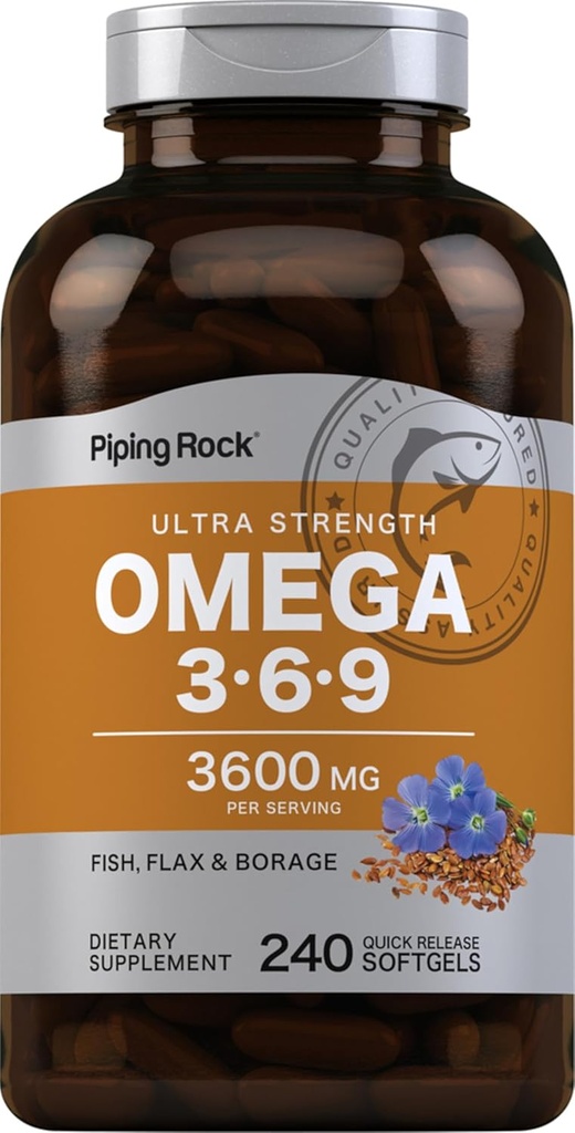 Piping Rock Omega 3 6 9 Suplementos para mulleres e homes | 3600mg | 240 cápsulas Softgel | Borage Fish Flax | Ultra Strength | Non-GMO, Gluten Free