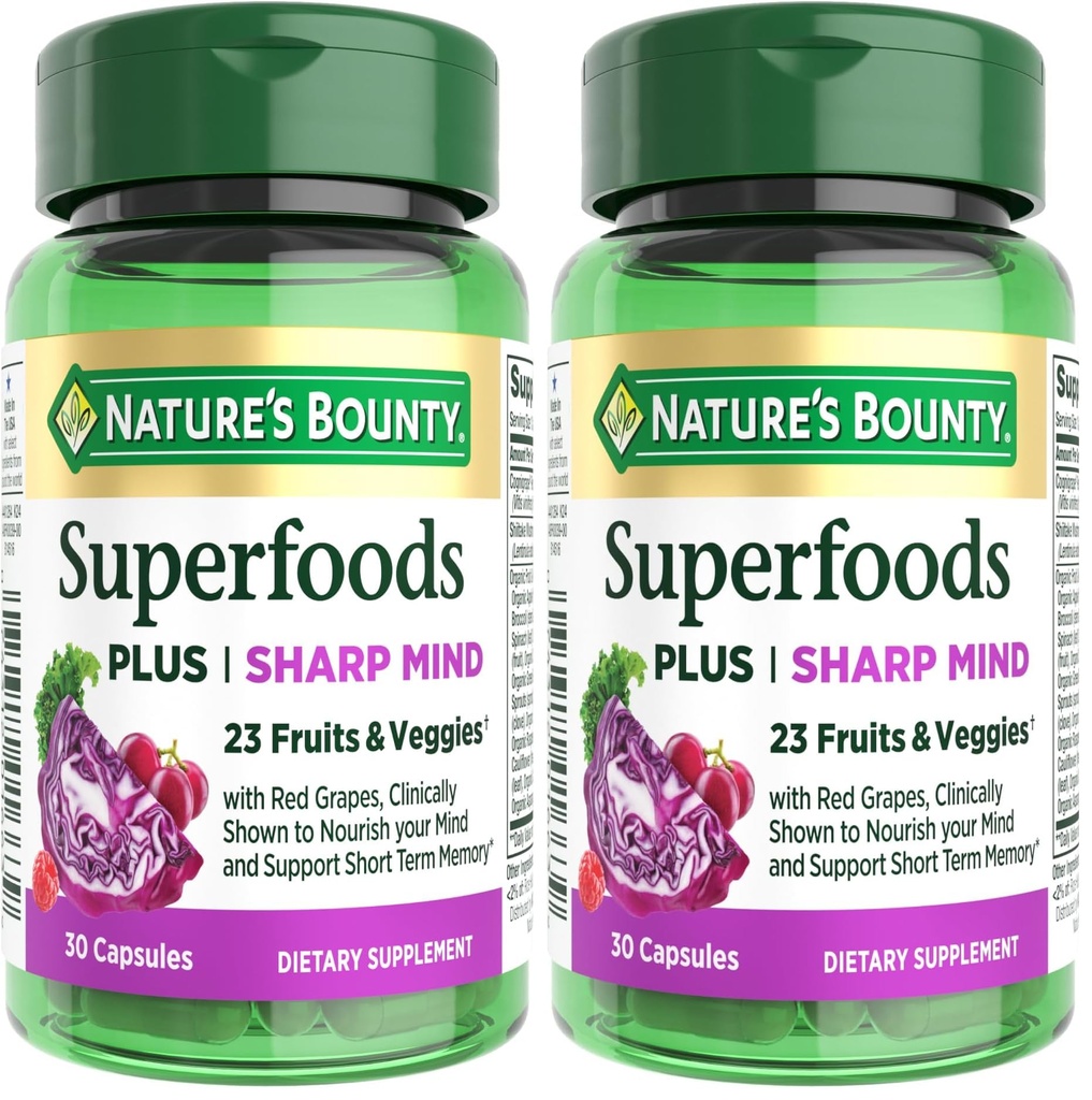 Nature's Bounty Superfoods Plus Sharp Mind for Brain Health, Memory; Focus, Superfoods with 23 Fruits & Veggies Plus Red Grapes - Cognitive Supplement, 30 Capsules (Pack of 2)
