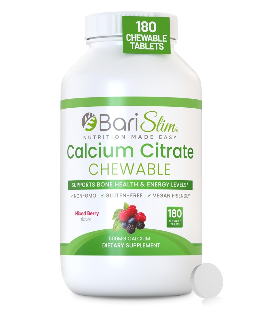 BariSlim Bariatric Calcium Citrate with Magnesium Citrate & Vitamin D Chewable Tabs - 500mg Calcium Citrate - Formulated for Post Weight Loss Surgery - Supports Bone Health | Mixed Berry | 180 Tabs