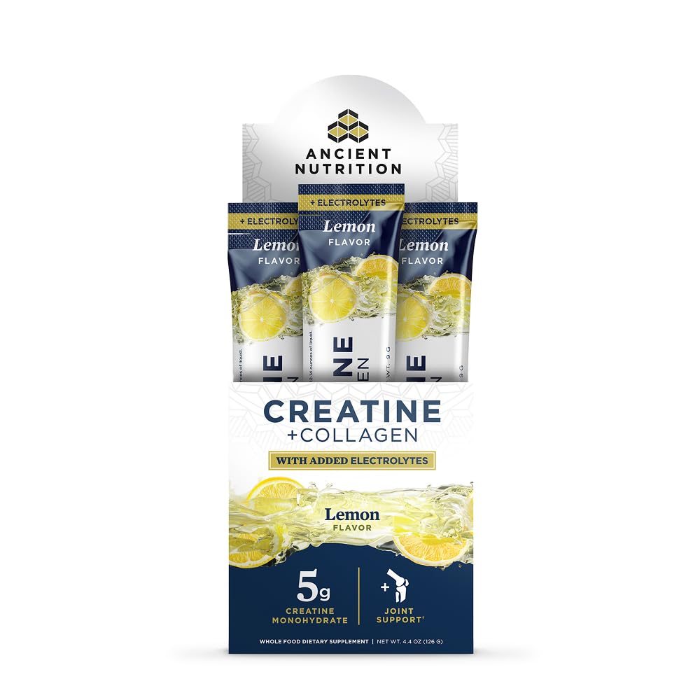 Ancient Nutrition Creatine + Collagen + Electrolytes – Muscle Strength, Lean Body Mass, Joint Comfort & Cognitive Support – Includes 5g Creatine Monohydrate for Women, Lemon (15 Servings)