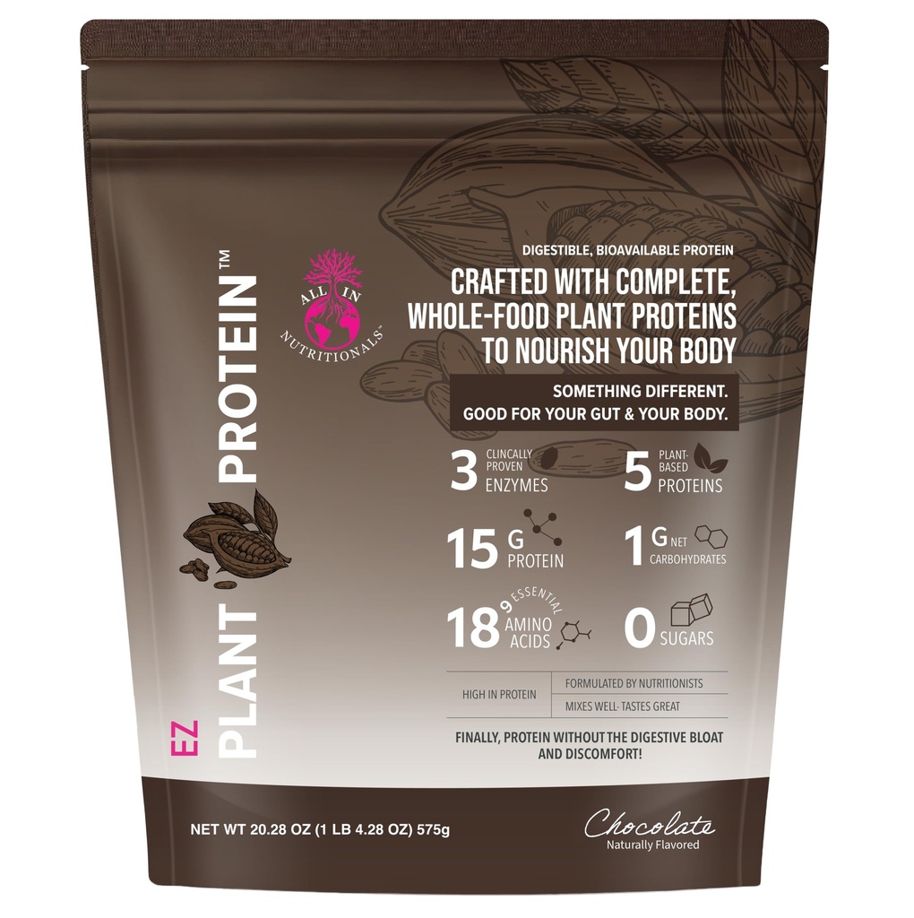 All In Nutritionals EZ Plant Protein, Vegan, Keto-Friendly, Dairy-Free, Soy-Free, Gluten-Free, in Chocolate, Blend of Rice, Peas, Sacha Inchi, and Pumpkin Seeds - NO Bloat - with Digestive Enzymes
