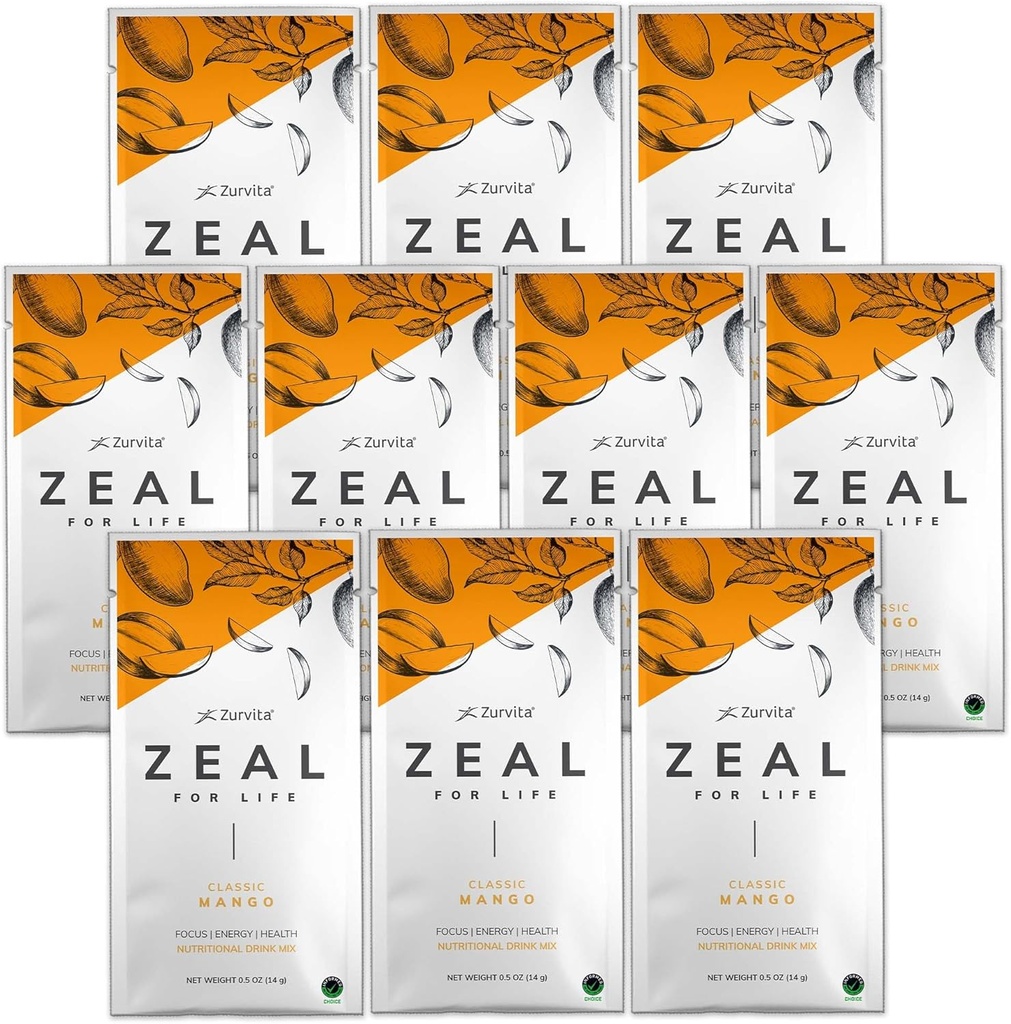Zurvita - Zeal for Life Wellness Drink Mix - Classic Mango Flavor - Gluten-Free, Vegan, con Biotina, Vitamine e Minerali per la Salute - 10 Pacchetti