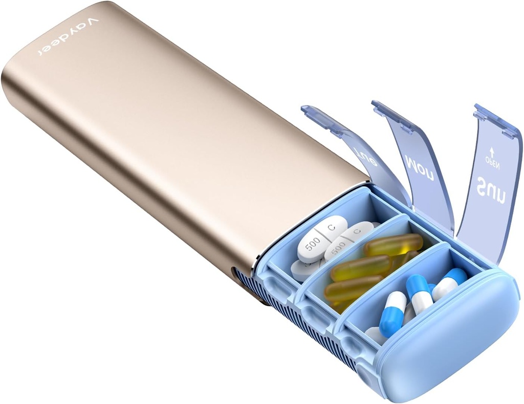Vaydeer Metal Travel Pill Organizator, 7 Ziua Săptămânal Pilula cutie, Capacitate mare Drăguț zilnic Pilula caz pentru suplimente, pastile, vitamine și medicamente (Small, Champagne)