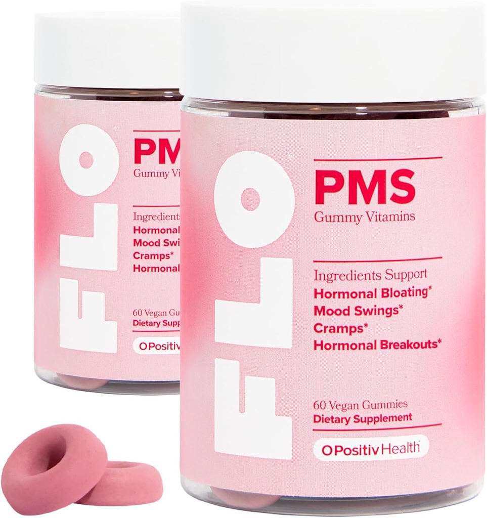 O Positiv FLO PMS Gummies for Women - Proactive PMS Relief - Helburuak Hormonal Breakouts, Bloating, Cramps, & Mood Swings Chasteberry, B6 bitamina eta Lemon Balm - PMS Gummies (Pack of 2)