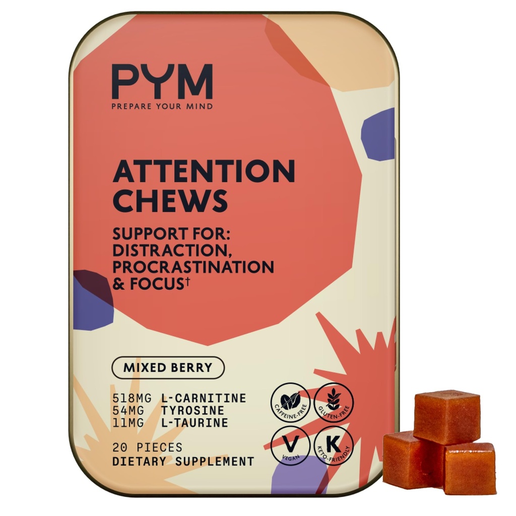 PYM Attention Chews Support for Procrastination, Focus & Productivity, 20 Count | 518mg L-Carnitine, 54mg Tyrosine, 11mg L-Taurine, Caffeine-Free | All-Natural Mood Boost Supplement Made in USA