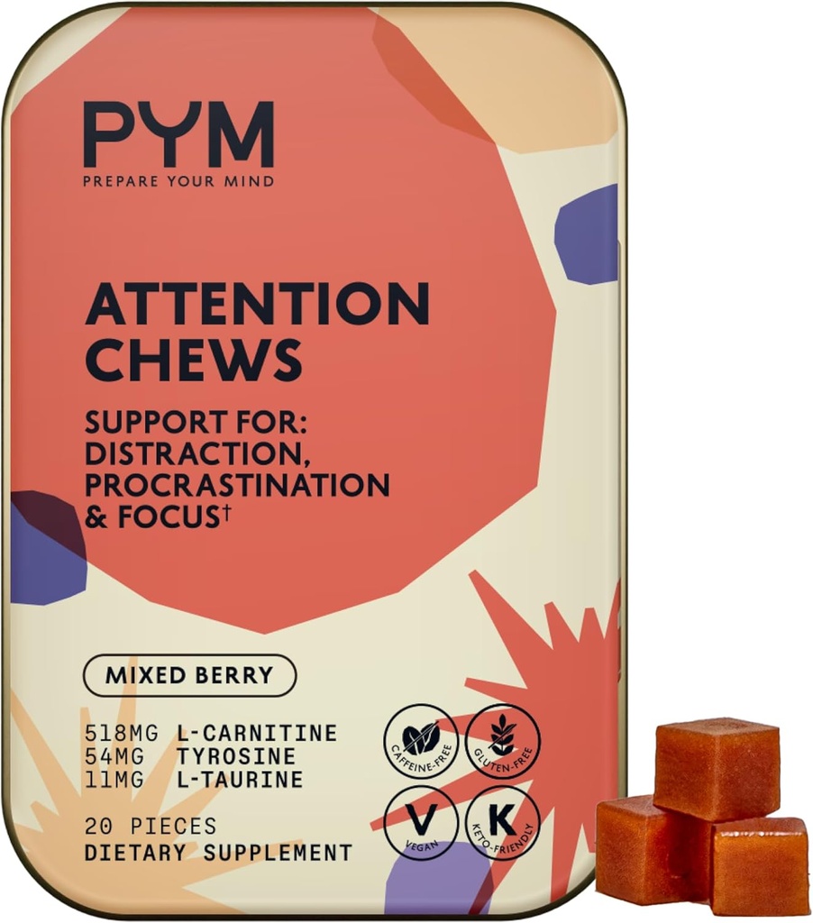 PYM Attention Chews Support for Procrastination, Focus & Tuottavuus, 20 Count 