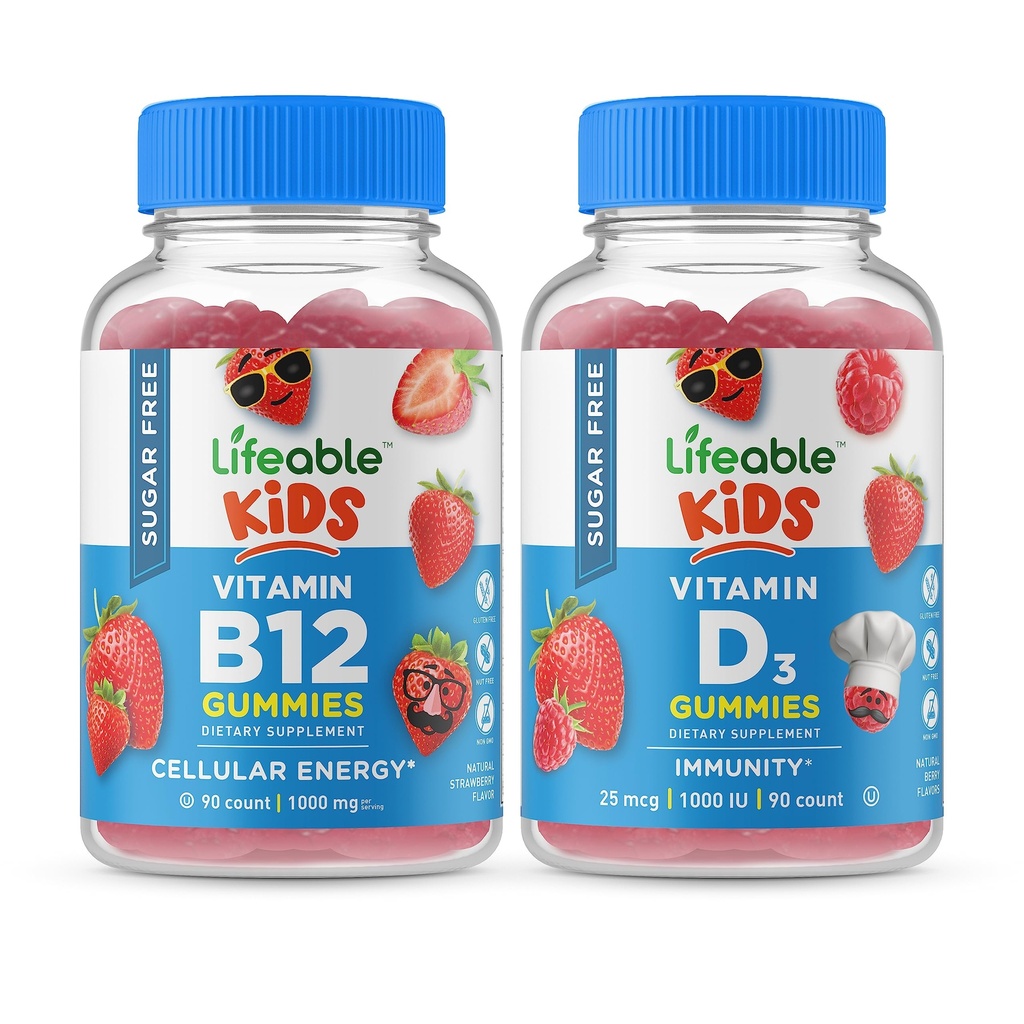 Lifeable Sugar Free Vitamin B12 Kids + Vitamin D Kids, Gummies Bundle - Great Tasting, Vitamin Supplement, Gluten Free, GMO Free, Chewable Gummy