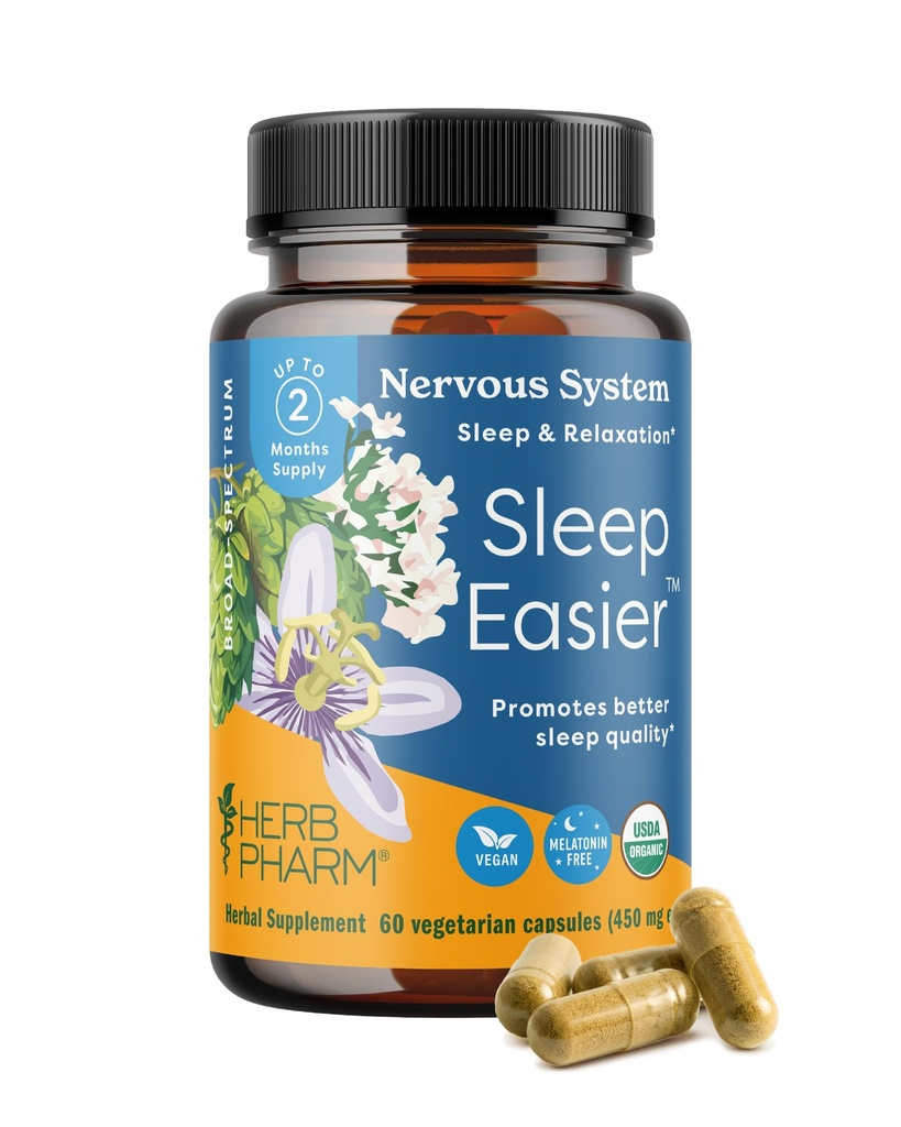 Herb Pharm Sleep Easier Capsules with Valerian Root & Rhizome, Passionflower & Hops. Melatonin Free Certified Organic Herbal Sleep Aid for Adults, Vegan, ~30-60 Day Supply, 60 Capsules*