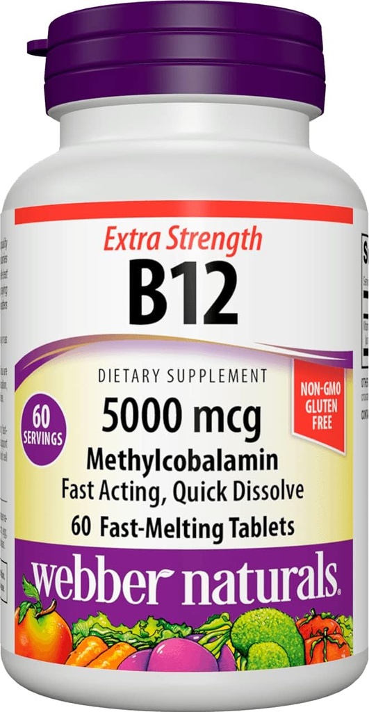 Webber Naturals Vitamina B12 5000 mcg, 60 Conte, comprimate de dizolvare rapidă, Supplement de vitamina suport pentru metabolismul energetic, Immune și Heart Health, Formula vegetariană, 60 zile de aprovizionare