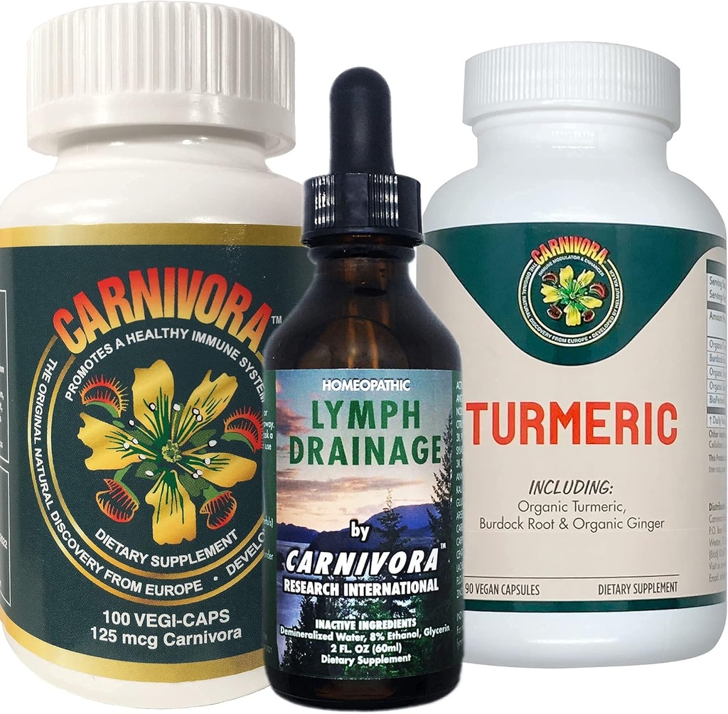 Carnivora Triple Play - Immuunijärjestelmän tuki, lymph System Flush, ja Parannus nivelet ja digestio (Bundle 1 pullo Jokainen Carnivora Vegi-Caps, Lymph Drainage, ja Turmeric)