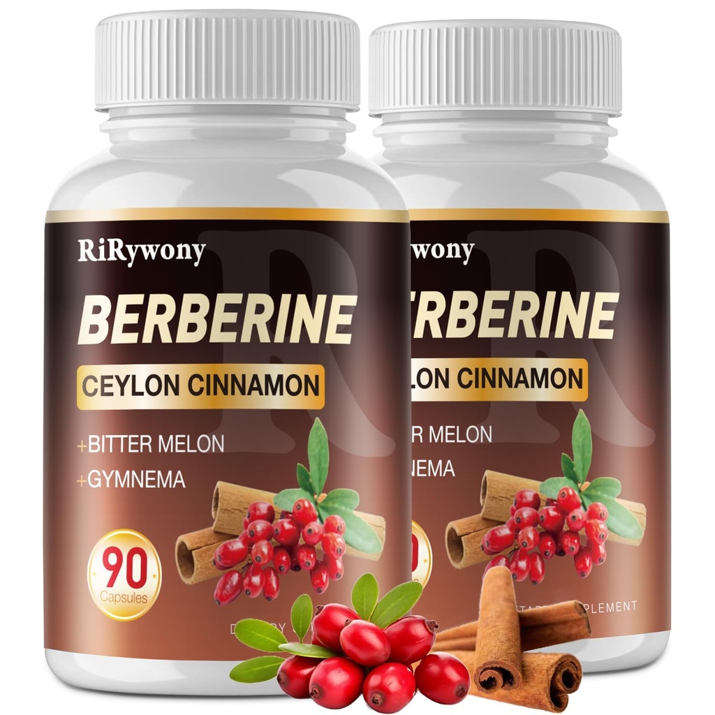 Berberine Supplement, Berberine with Ceylon Cinnamon Bitter Melon and Gymnama - 1500 MG Berberine HCL for Gut Health, 2 Pack 180 Capsules