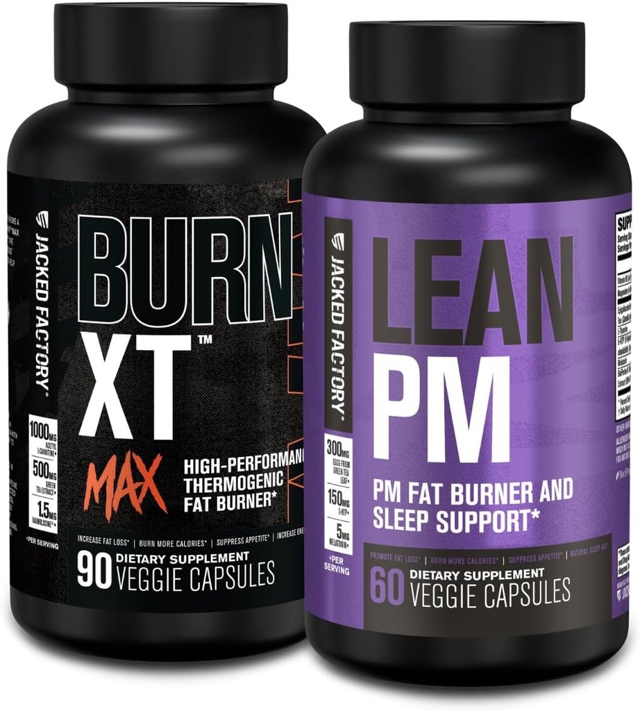 Jacked Factory 24/7 Fat Burner Stack - Burn XT MAX High Performance Fat Burner (90 Capsules) - Lean PM Nighttime soporte para perda de peso e supresión de apetito (60 Capsules)