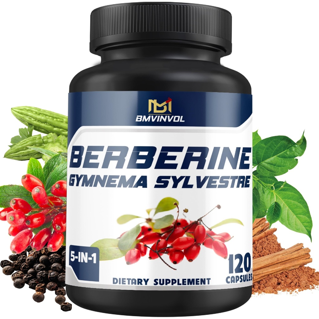 BMVINVOL 5-in-1 Berberine Supplement with Ceylon Cinnamon, Gymnema Sylvestre, Bitter Melon & Black Pepper - Supports Immune Function, Cardiovascular Heart (120 Count)