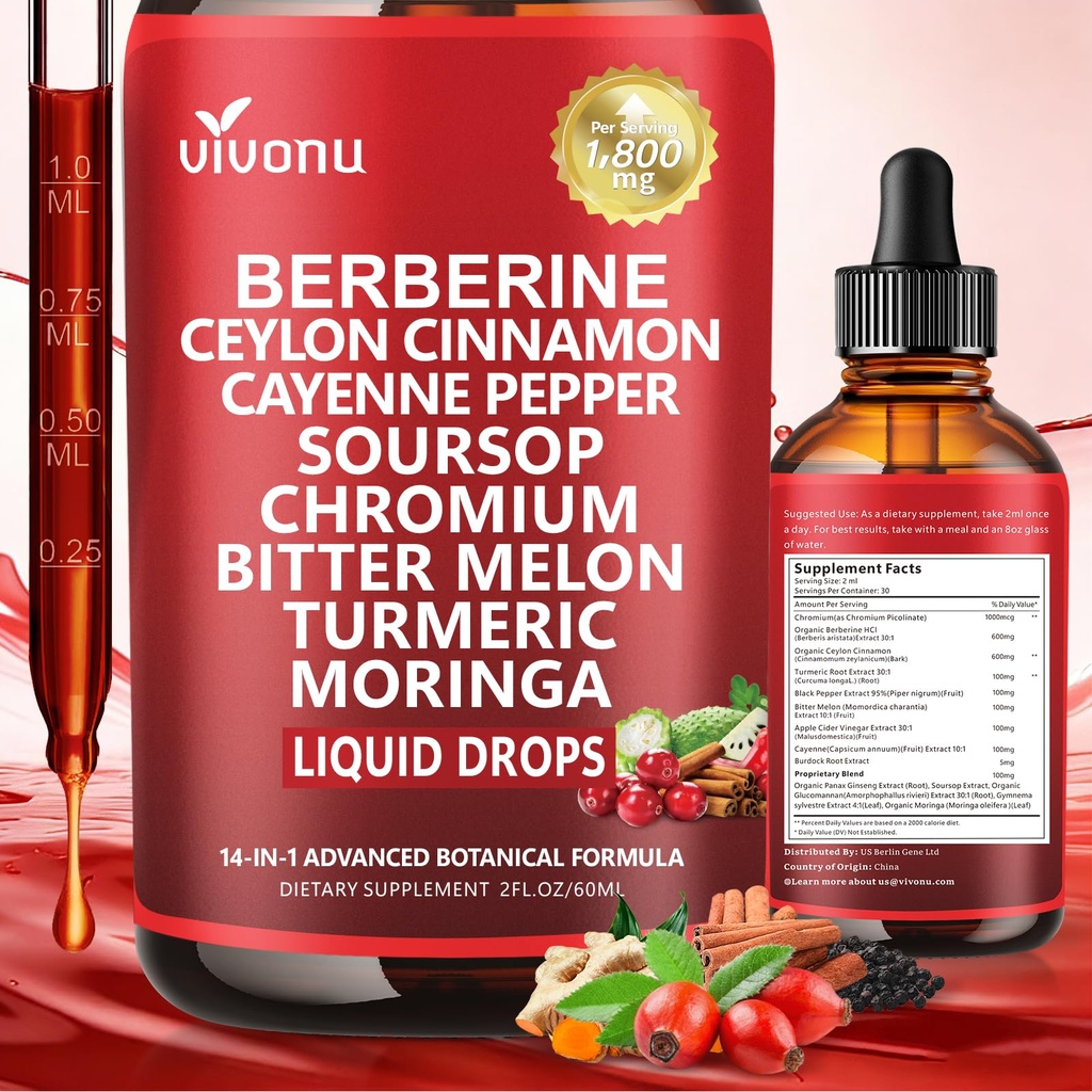 VivoNu 14-in-1 Berberine & Ceylon Cinnamon Liquid Drops – 1800mg High Potency with Chromium, Turmeric 30:1, Bitter Melon – 2 fl oz Botanical Supplement