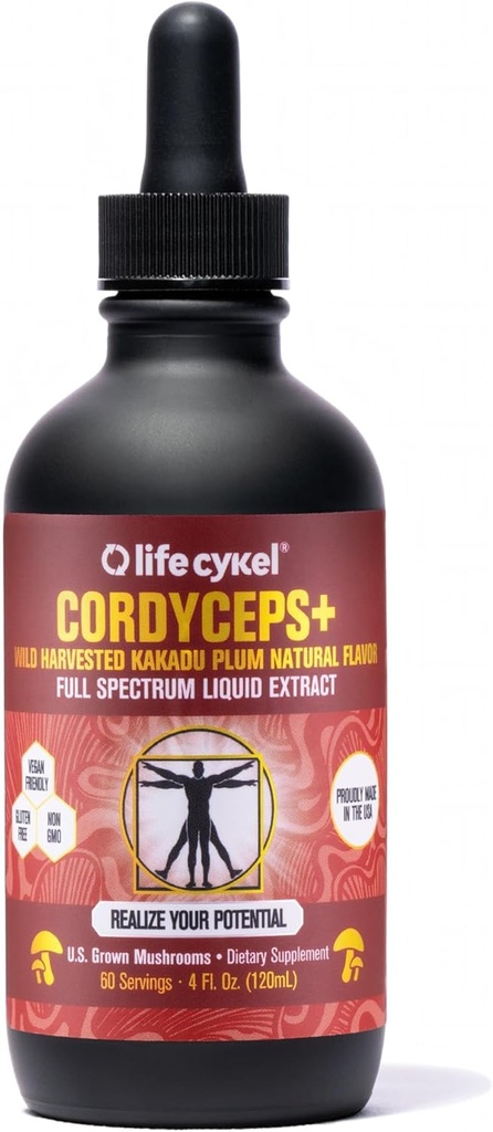 Life Cykel Cordyceps Mushroom Extract with Kakadu Plum - Energy, Stamina & Vitality Support, Natural Aging Supplement - Non-GMO i Vegan Tincture - 4Fl Oz