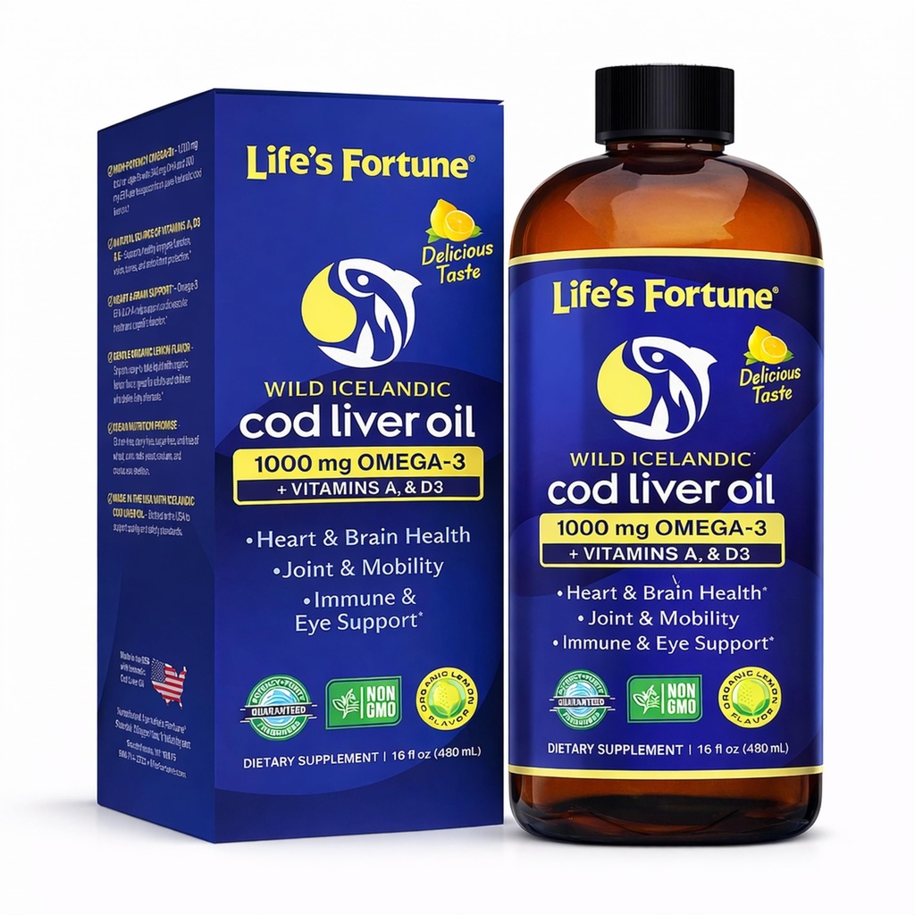 Life's Fortune Cod Liver Oil Liquid Lemon Flavor Organic Supplement with DHA, EPA 1000 mg High Potency Omega-3s + Vitamin A, E & D3 - Supports Immune, Joints, Eyes, 16 Fl Oz (Pack of 1)