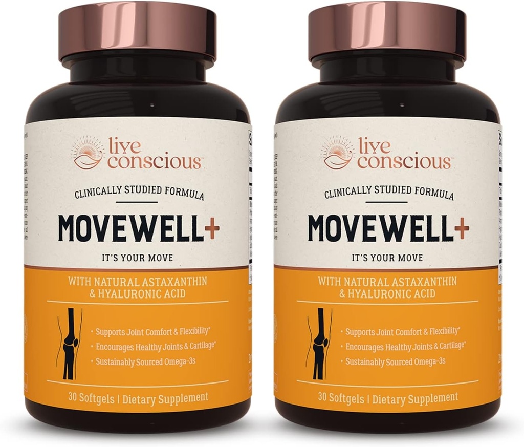 Live Conscious Joint Health Supplement - MoveWell Plus Antarctic Krill Oil, Natural Astaxanthin and Hyaluronic Acid | Outperforms Glucosamine (2 Pack)