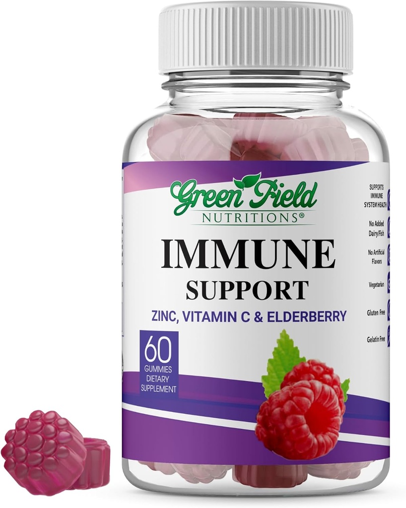 Greenfield Nutritions Halal Immune Support Elderberry Gummies för vuxna - stöder ditt immunsystem naturligt med Halal Zink och vitamin C Gummy - 60 läckra blandade Berry Gummies Halal Vitamins