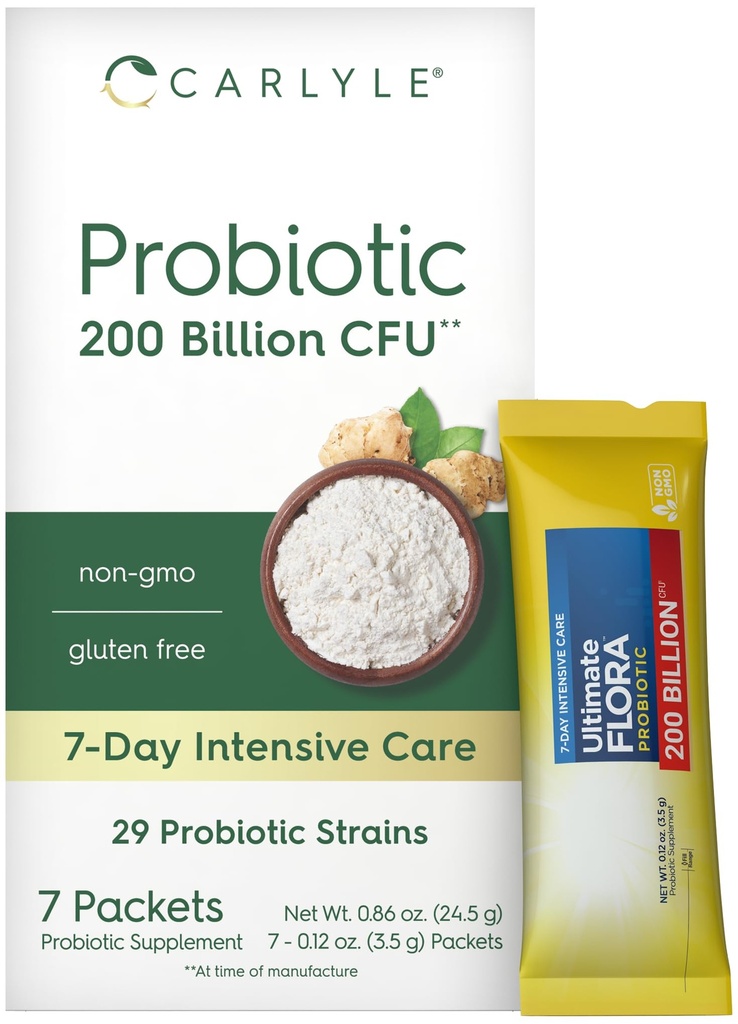 Carlyle Probiotic for Men and Women | 200 Billion CFU | 7 Packets (3.5 g Each) | 29 Strains | 7-Day Intensive Care Program | Non-GMO & Gluten Free Supplement