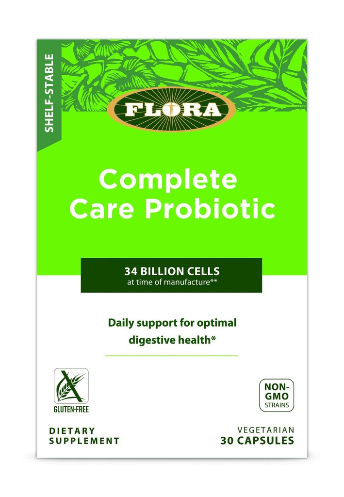 Flora - Shelf-Stable Complete Care Probiotic with 34 Billion CFU, Contains Lactobacillus and Bifidobacterium Strains, Non GMO Strains, Gluten Free, 30 Vegetarian Capsules