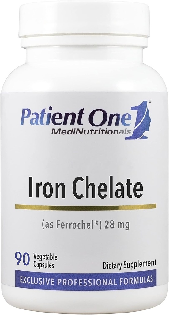 Pacientes One Iron Chelate 28mg tención Suplemento para apoyar la formación y función de células rojas de sangre* ← Ferrochel Brand Iron Bisglycinate TEN 90 Capsules